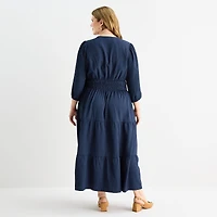 Be by CHETTA B Womens Plus Midi V Neck 3/4 Sleeve Balloon Fit + Flare Dress