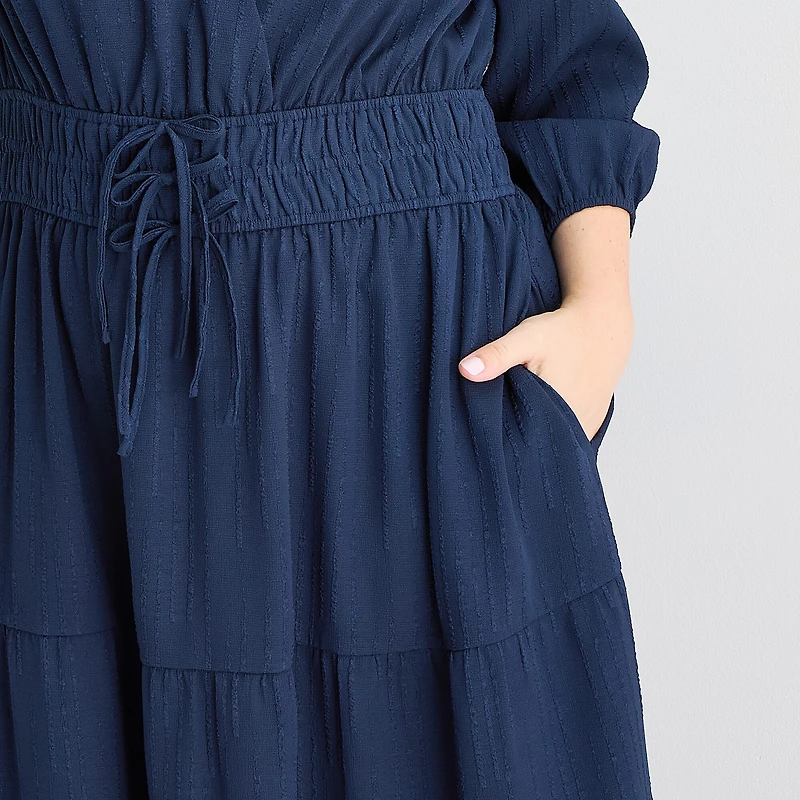Be by CHETTA B Womens Plus Midi V Neck 3/4 Sleeve Balloon Fit + Flare Dress
