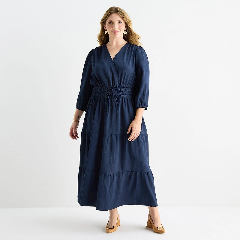 Be by CHETTA B Womens Plus Midi V Neck 3/4 Sleeve Balloon Fit + Flare Dress