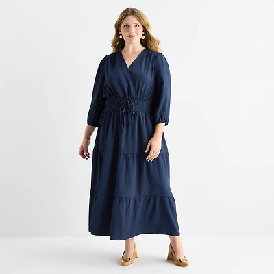Be by CHETTA B Womens Plus Midi V Neck 3/4 Sleeve Balloon Fit + Flare Dress