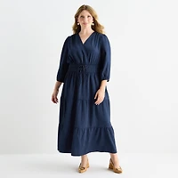 Be by CHETTA B Womens Plus Midi V Neck 3/4 Sleeve Balloon Fit + Flare Dress