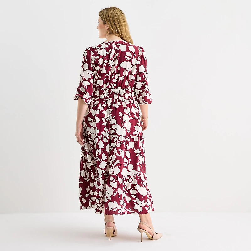 Be by CHETTA B Womens Plus Midi V Neck 3/4 Sleeve Balloon Floral Fit + Flare Dress