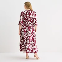 Be by CHETTA B Womens Plus Midi V Neck 3/4 Sleeve Balloon Floral Fit + Flare Dress