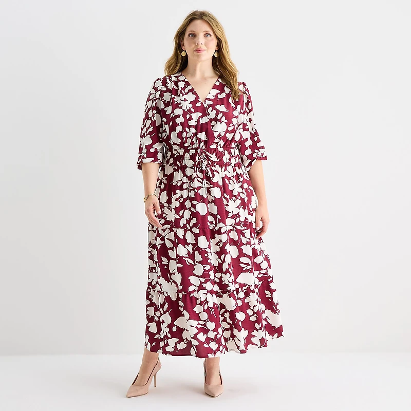 Be by CHETTA B Womens Plus Midi V Neck 3/4 Sleeve Balloon Floral Fit + Flare Dress