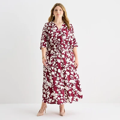 Be by CHETTA B Womens Plus Midi V Neck 3/4 Sleeve Balloon Floral Fit + Flare Dress