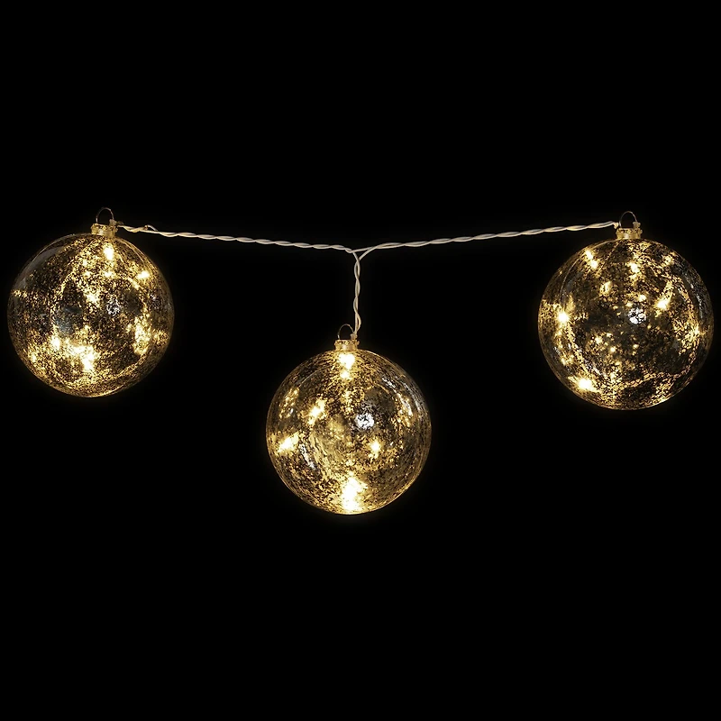 Set of 3 Lighted Silver Mercury Glass Finish Ball Christmas Ornaments - Clear Lights