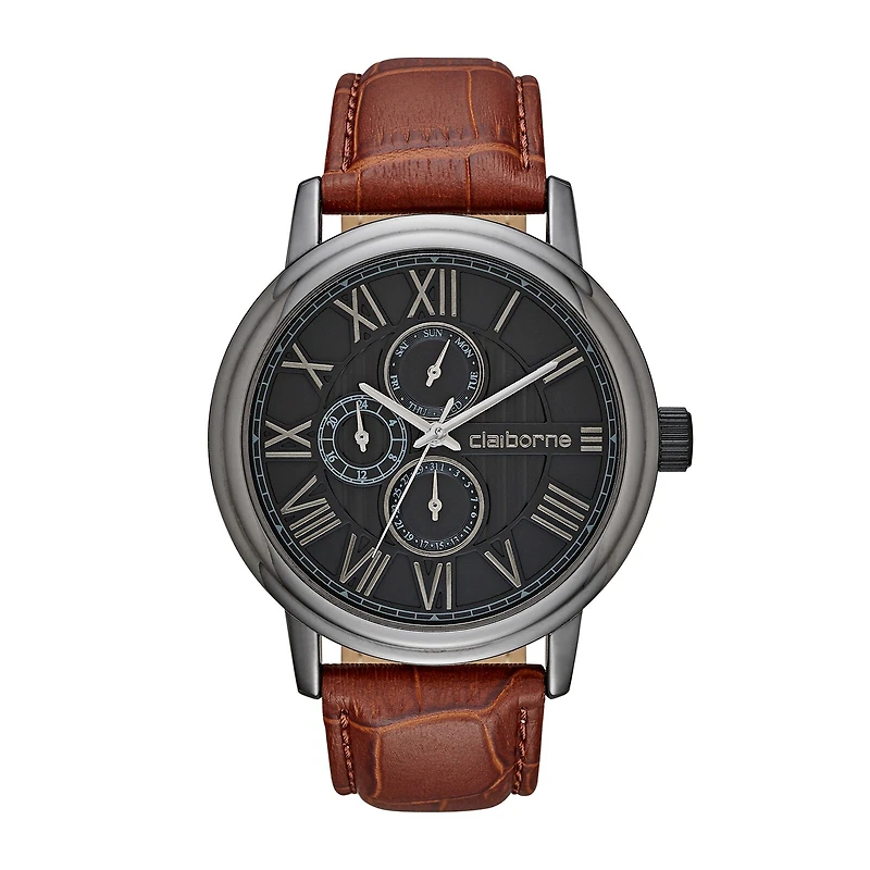 Claiborne® Mens Croc-Look Brown Leather Strap Watch