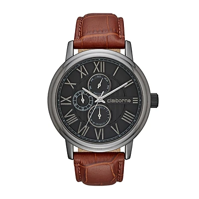 Claiborne® Mens Croc-Look Brown Leather Strap Watch