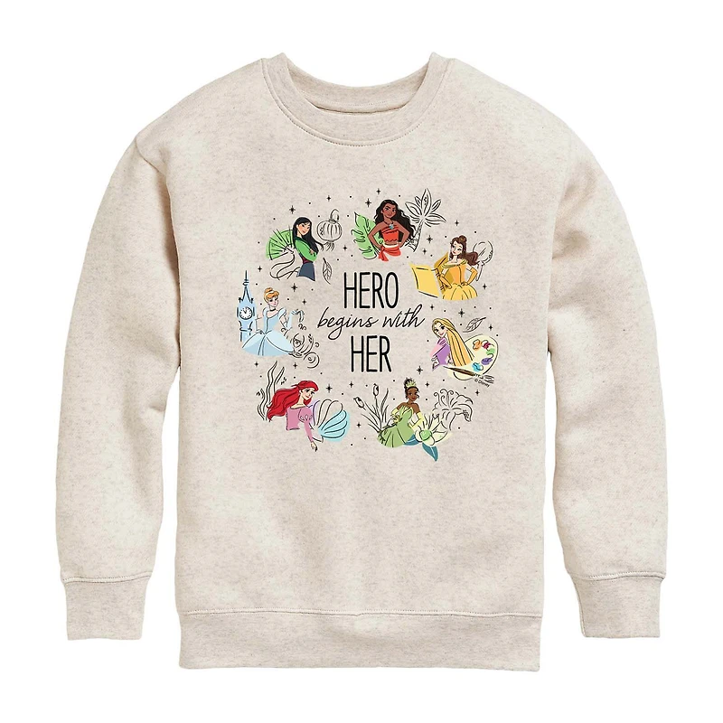 Disney Collection Little & Big Kid Girls Crew Neck Long Sleeve Ariel Belle Cinderella Sweatshirt