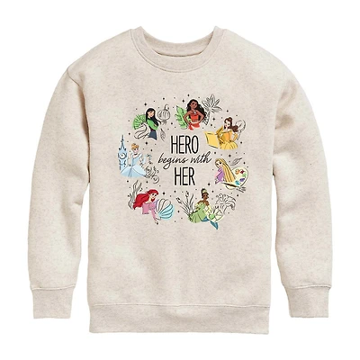 Disney Collection Little & Big Kid Girls Crew Neck Long Sleeve Ariel Belle Cinderella Sweatshirt