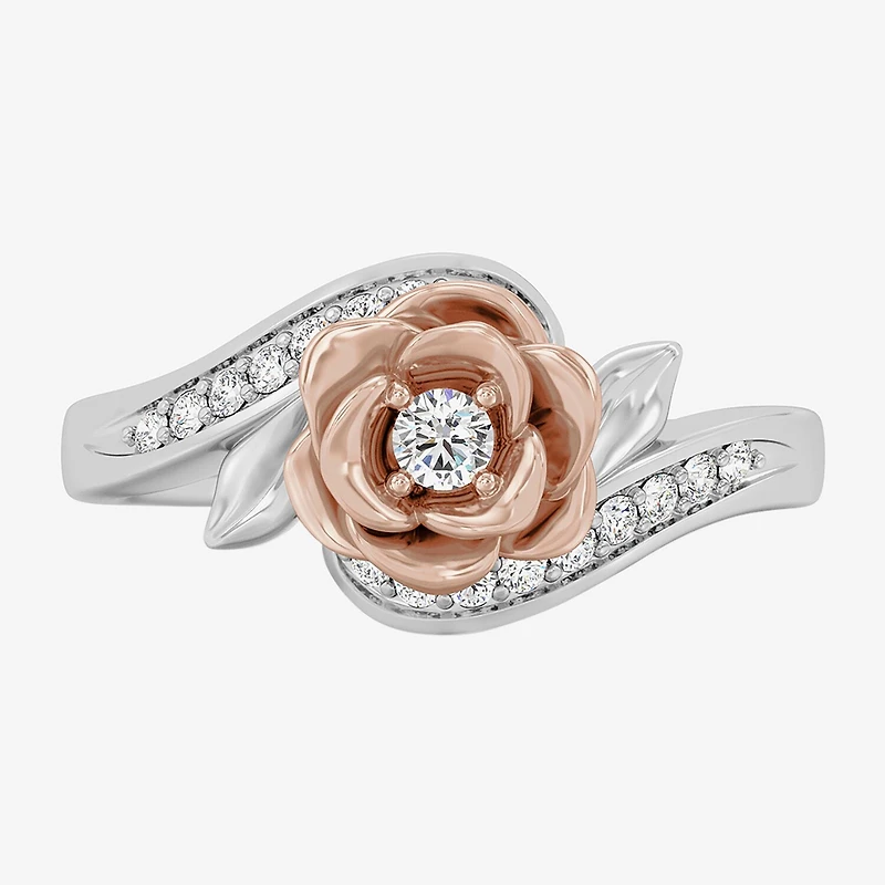 Enchanted Disney Fine Jewelry I, I2 Womens 1/4 CT. T.W. Lab Grown White Diamond 14K Gold Over Silver Flower Belle Side Stone Cocktail Ring