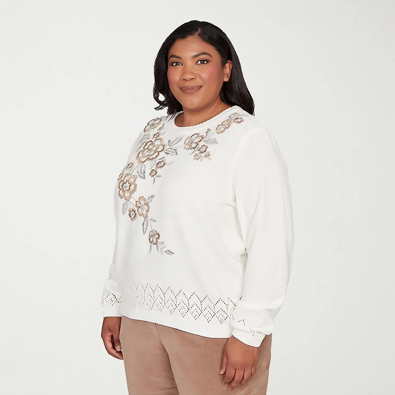 Alfred Dunner Plus Vienna Womens Crew Neck Long Sleeve Floral Pullover Sweater