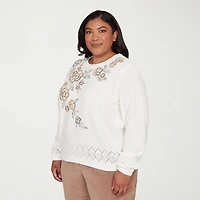 Alfred Dunner Plus Vienna Womens Crew Neck Long Sleeve Floral Pullover Sweater