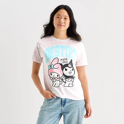 Womens Juniors Crew Neck Short Sleeve Regular Fit Kuromi My Melody Graphic T-Shirt