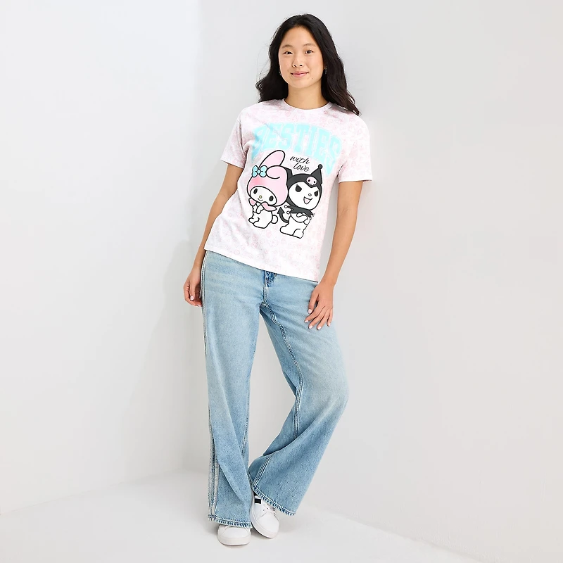 Womens Juniors Crew Neck Short Sleeve Regular Fit Kuromi My Melody Graphic T-Shirt