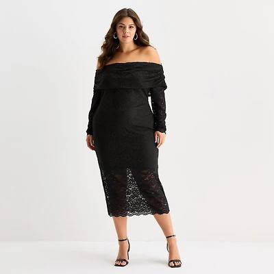 Premier Amour Off The Shoulder Womens Plus Midi Straight Neck Long Sleeve Sheath Dress