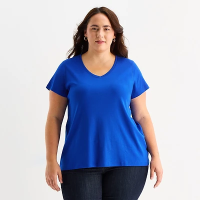 St. John's Bay Womens Plus Easy-on + Easy-off V Neck Short Sleeve Adaptive T-Shirt