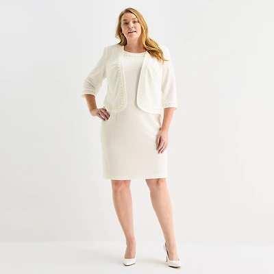 Maya Brooke Womens Plus Pearl Trim Jacket Dress