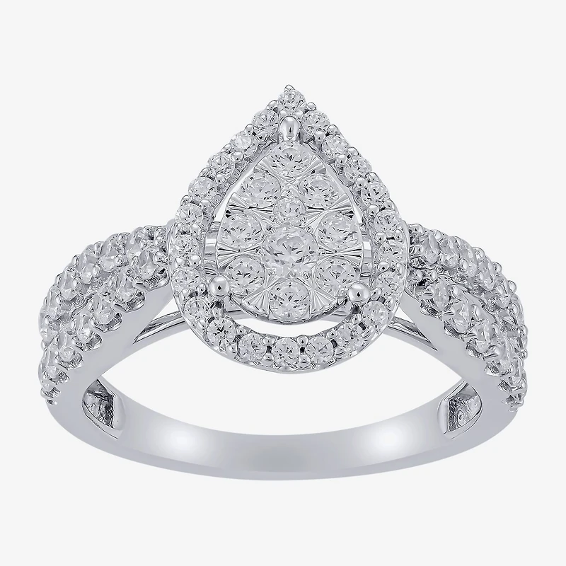 Diamond Blossom (H-I / I1) Womens 1 CT. T.W. Lab Grown White 10K Gold Pear Halo Cocktail Ring