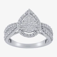 Diamond Blossom (H-I / I1) Womens 1 CT. T.W. Lab Grown White 10K Gold Pear Halo Cocktail Ring