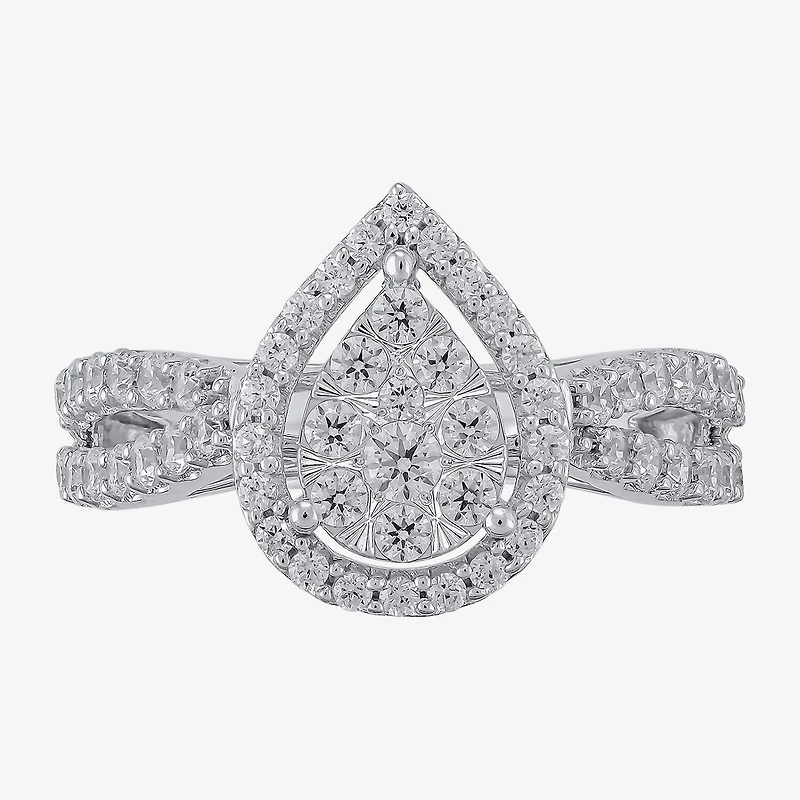 Diamond Blossom (H-I / I1) Womens 1 CT. T.W. Lab Grown White 10K Gold Pear Halo Cocktail Ring