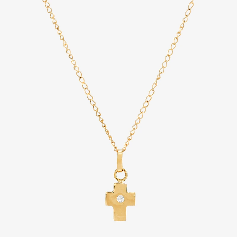 Girls White Diamond 14K Gold Cross 13 Inch Pendant Necklace