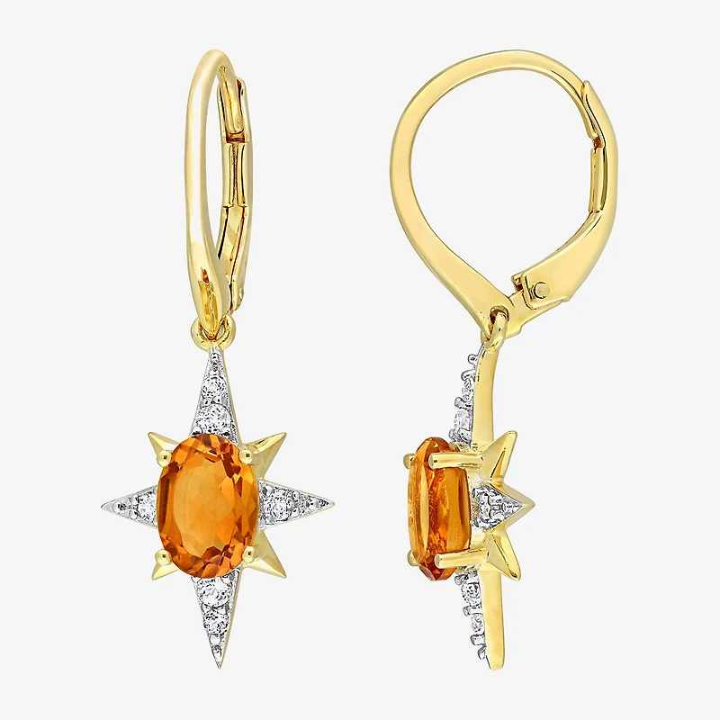 Womens Genuine Yellow Citrine 18K Gold Over Silver Star Drop Earrings