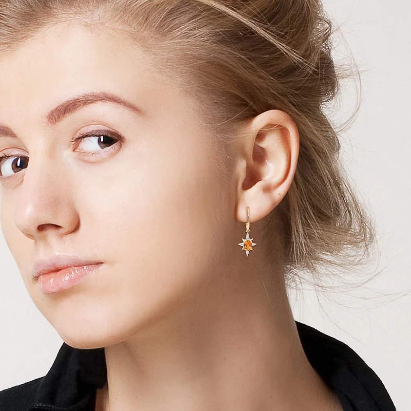 Womens Genuine Yellow Citrine 18K Gold Over Silver Star Drop Earrings