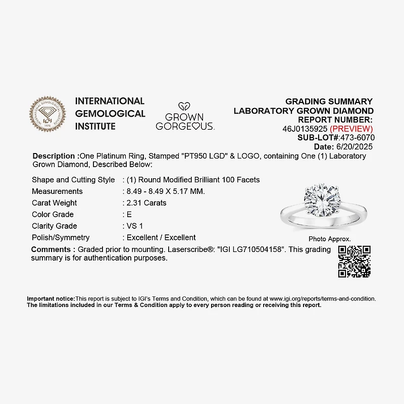 Grown Gorgeous (F,Vs2) Womens 2 1/4 CT. T.W. Lab White Diamond 14K Gold or Platinum Round Solitaire Engagement Ring