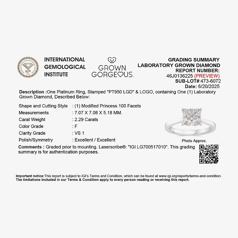 Grown Gorgeous (F, Vs2) Womens 2 1/4 CT. T.W. Lab White Diamond 14K Gold or Platinum Princess-cut Solitaire Engagement Ring