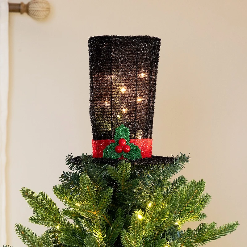9.25'' Lighted Black Tinsel Top Hat Christmas Tree Topper Clear Lights