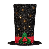 9.25'' Lighted Black Tinsel Top Hat Christmas Tree Topper  Clear Lights