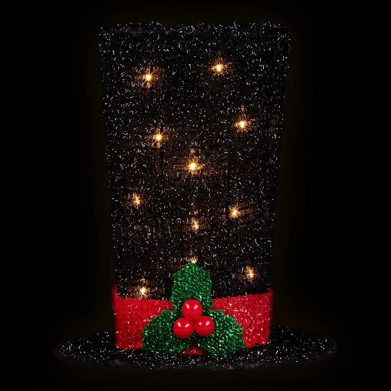 9.25'' Lighted Black Tinsel Top Hat Christmas Tree Topper Clear Lights