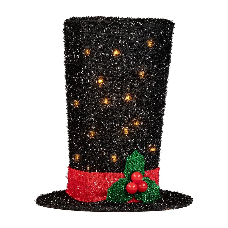 9.25'' Lighted Black Tinsel Top Hat Christmas Tree Topper Clear Lights