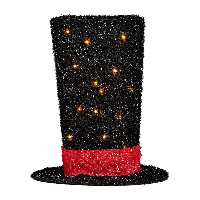 9.25'' Lighted Black Tinsel Top Hat Christmas Tree Topper Clear Lights