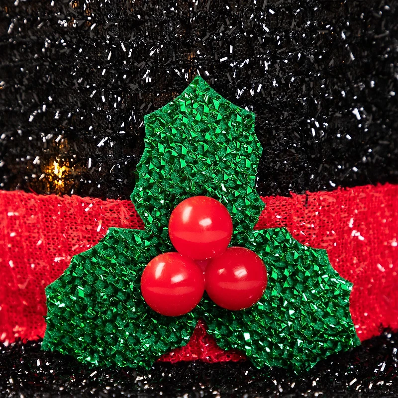 9.25'' Lighted Black Tinsel Top Hat Christmas Tree Topper Clear Lights