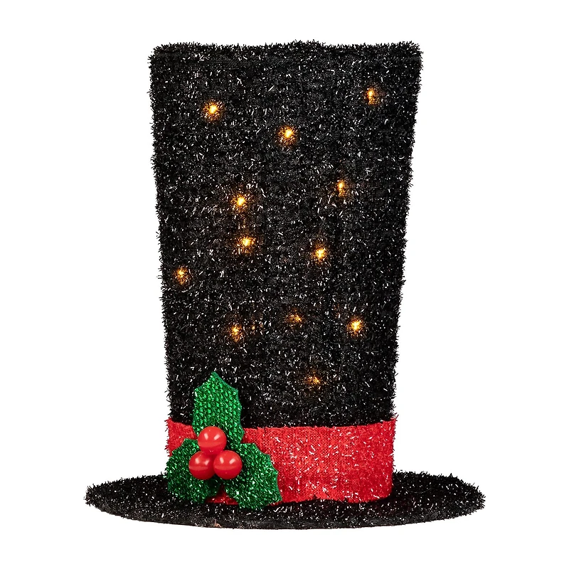 9.25'' Lighted Black Tinsel Top Hat Christmas Tree Topper Clear Lights