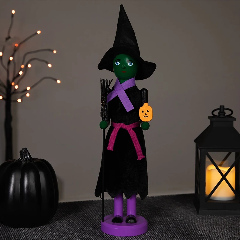 14'' Black and Green Witch Jack-O-Lantern Halloween Nutcracker with Broom
