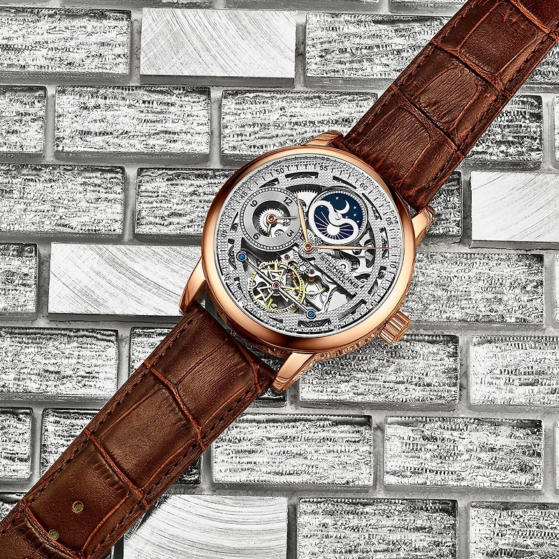 Stuhrling Mens Automatic Brown Leather Strap Watch 3917 3