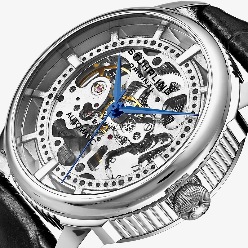 Stuhrling Mens Automatic Black Leather Strap Watch 3933