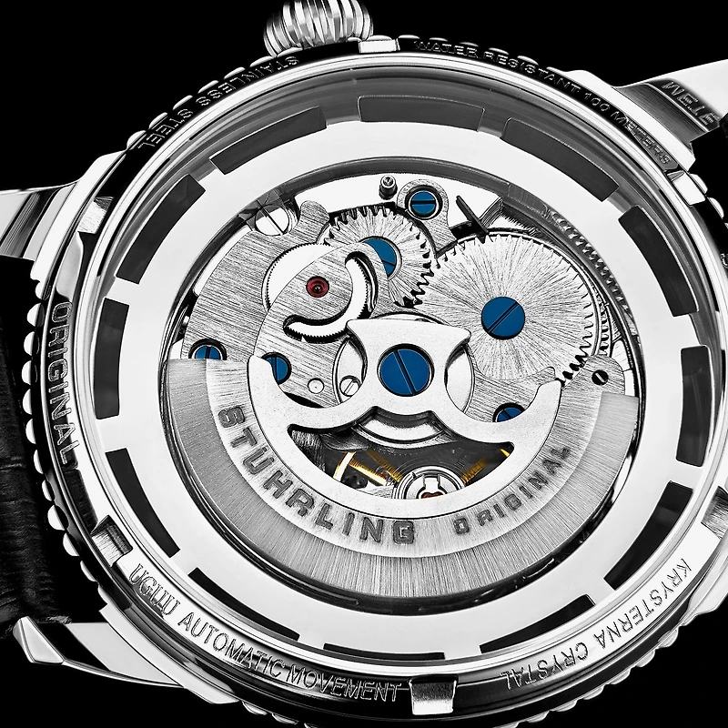 Stuhrling Mens Automatic Black Leather Strap Watch 3933