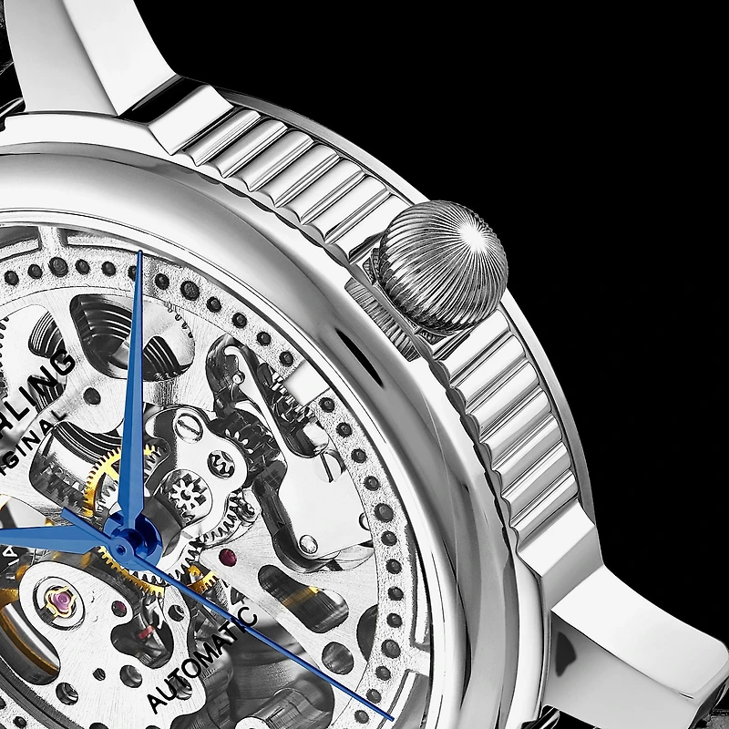 Stuhrling Mens Automatic Black Leather Strap Watch 3933