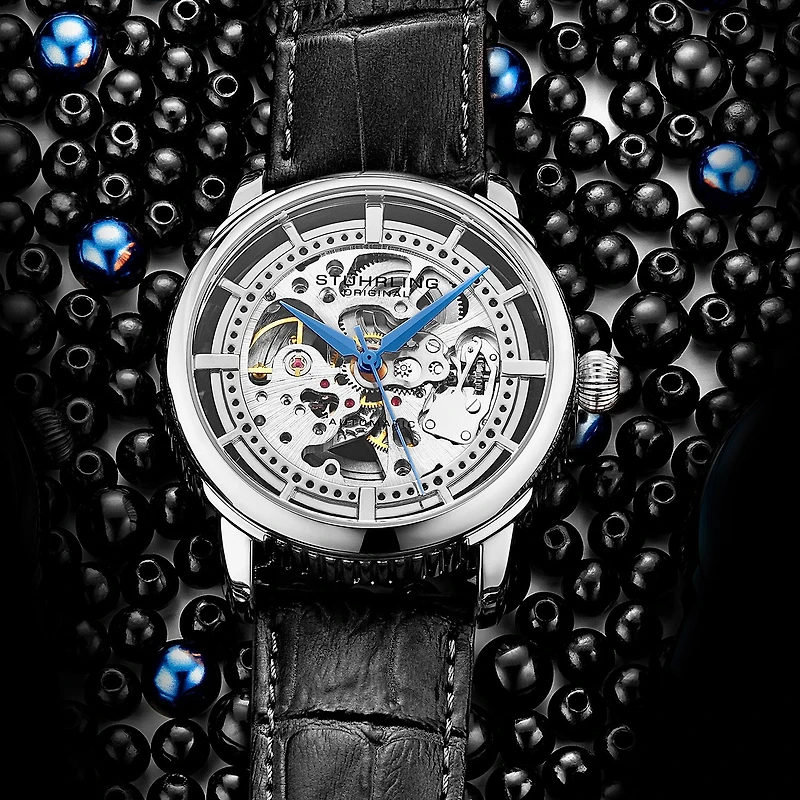 Stuhrling Mens Automatic Black Leather Strap Watch 3933