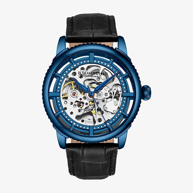 Stuhrling Mens Automatic Black Leather Strap Watch 3933