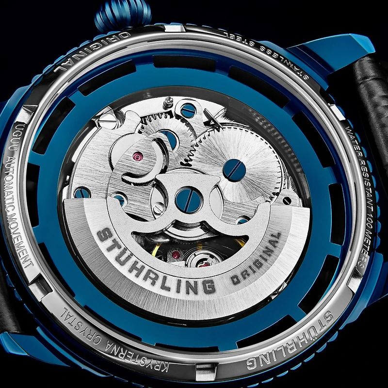 Stuhrling Mens Automatic Black Leather Strap Watch 3933