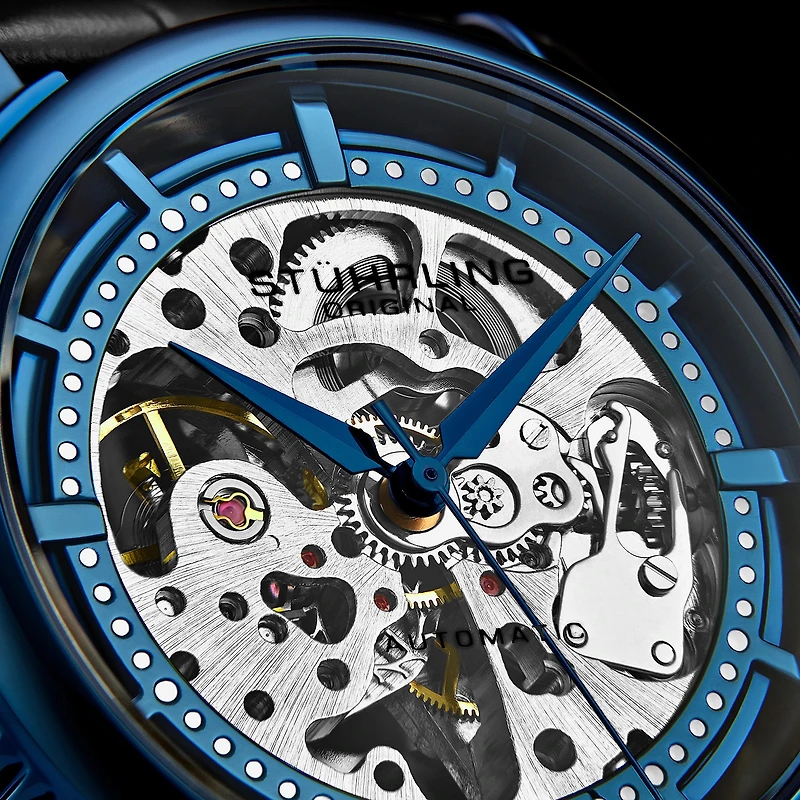 Stuhrling Mens Automatic Black Leather Strap Watch 3933