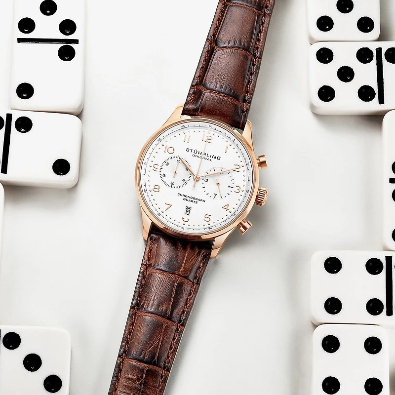 Stuhrling Mens Chronograph Brown Leather Strap Watch 4012 4