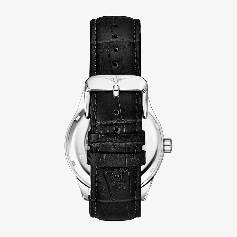 Stuhrling Mens Automatic Black Leather Strap Watch 3947