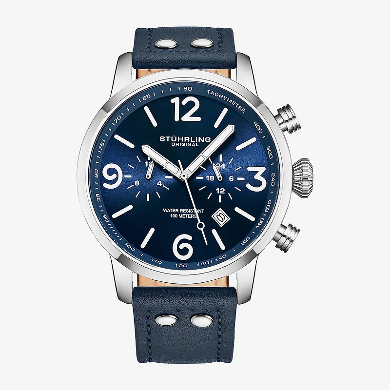 Stuhrling Mens Blue Leather Strap Watch 3956 2