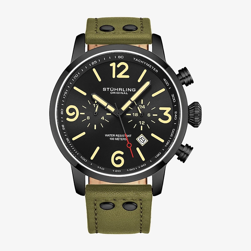 Stuhrling Mens Green Leather Strap Watch 3956 5
